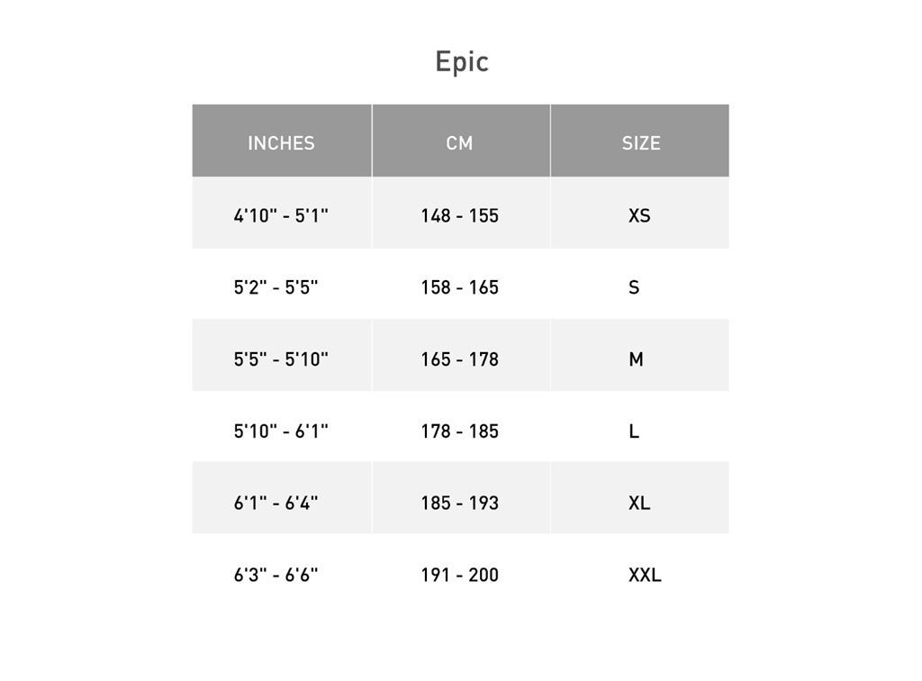 Specialized epic size store chart